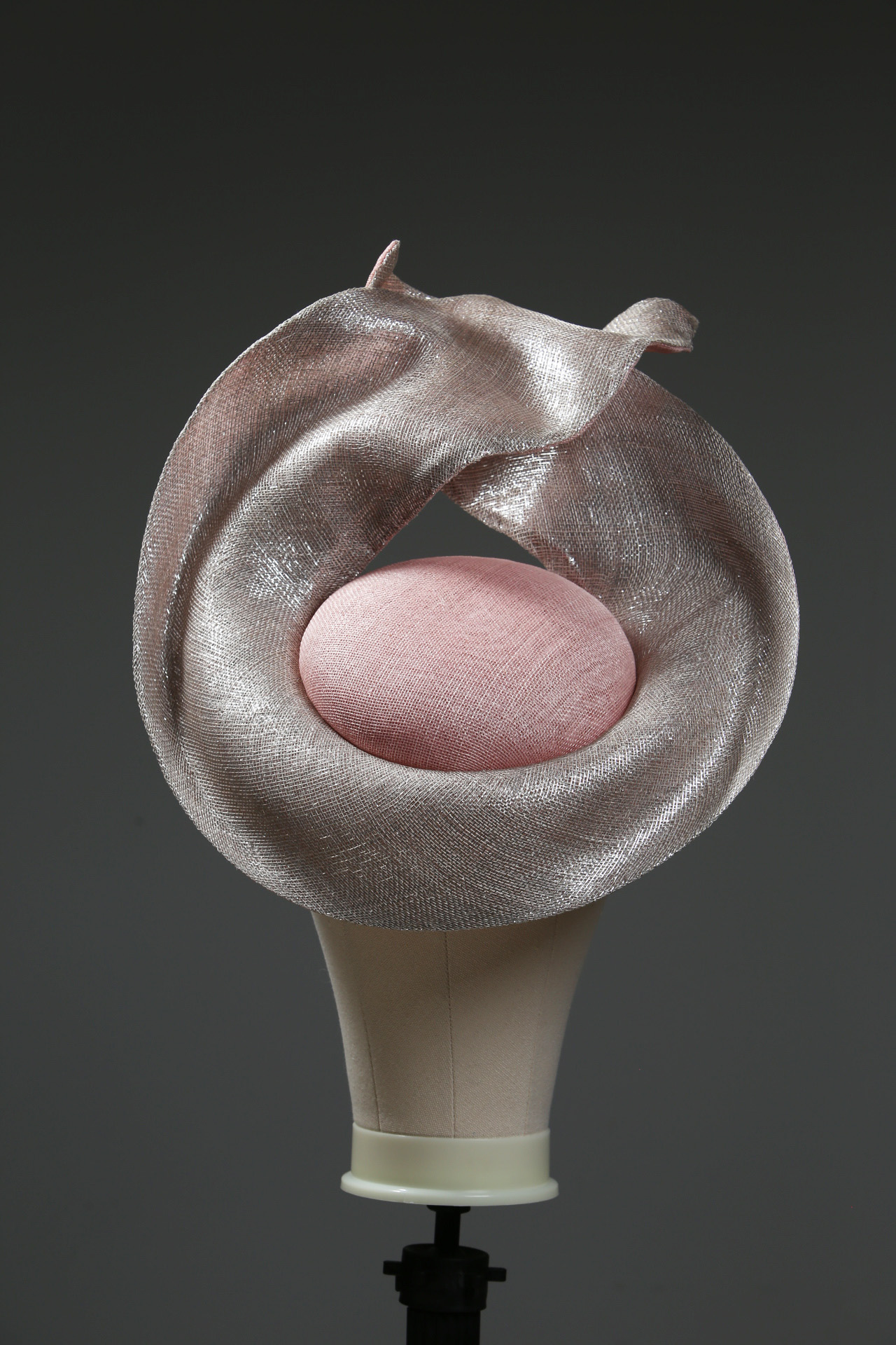 pale pink and silver lurex LM button base fascinator 9 Pale dusky pink button pillbox hat with a silver shimmery lurex saucer