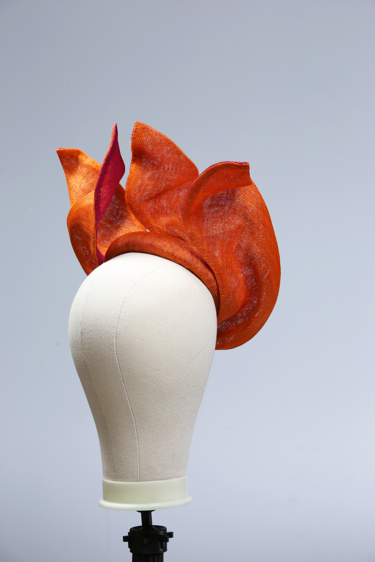 Hot pink and Orange Saucer twisted set on a button fascinator base hat (23) Hot Pink sinamay saucer hat set on a orange button pillbox fascinator