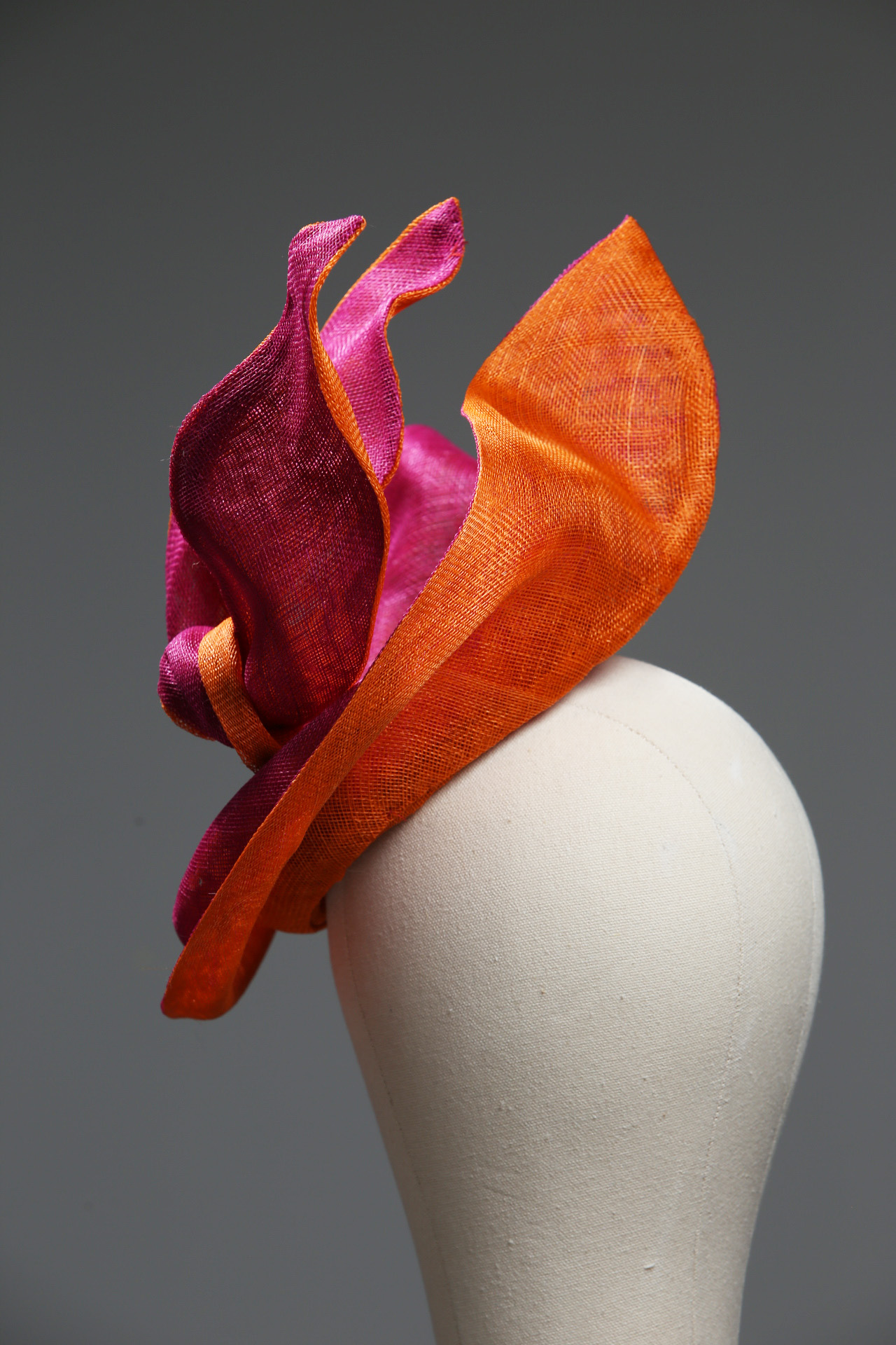 Hot pink and Orange Saucer twisted set on a button fascinator base hat (5) Hot Pink sinamay saucer hat set on a orange button pillbox fascinator