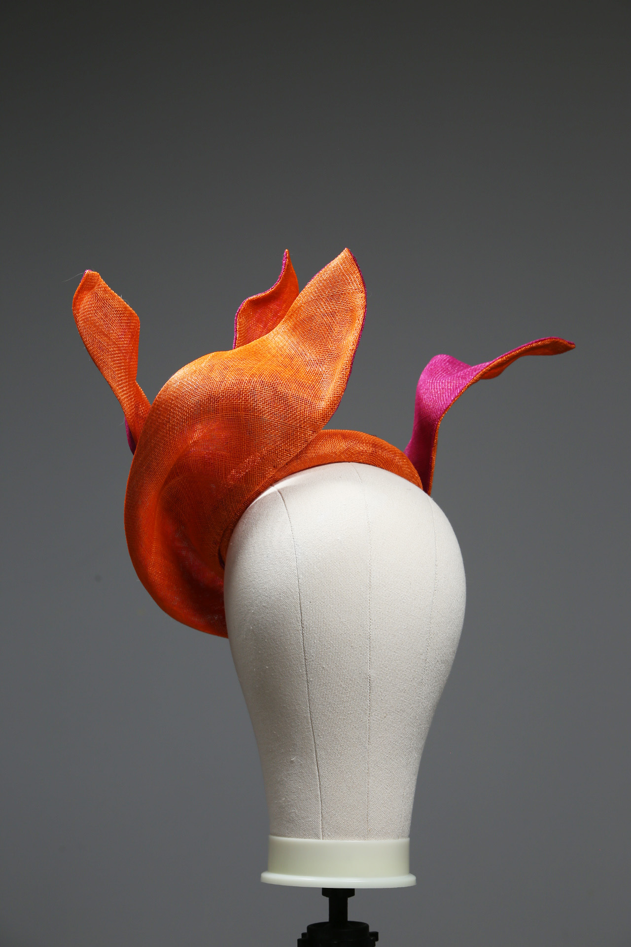 Hot pink and Orange Saucer twisted set on a button fascinator base hat (6) Hot Pink sinamay saucer hat set on a orange button pillbox fascinator