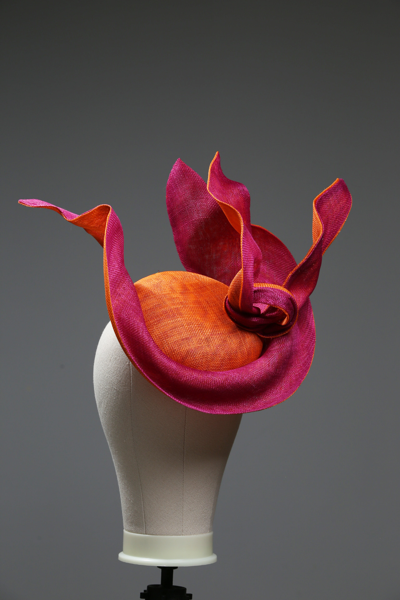 Hot pink and Orange Saucer twisted set on a button fascinator base hat (9) Hot Pink sinamay saucer hat set on a orange button pillbox fascinator