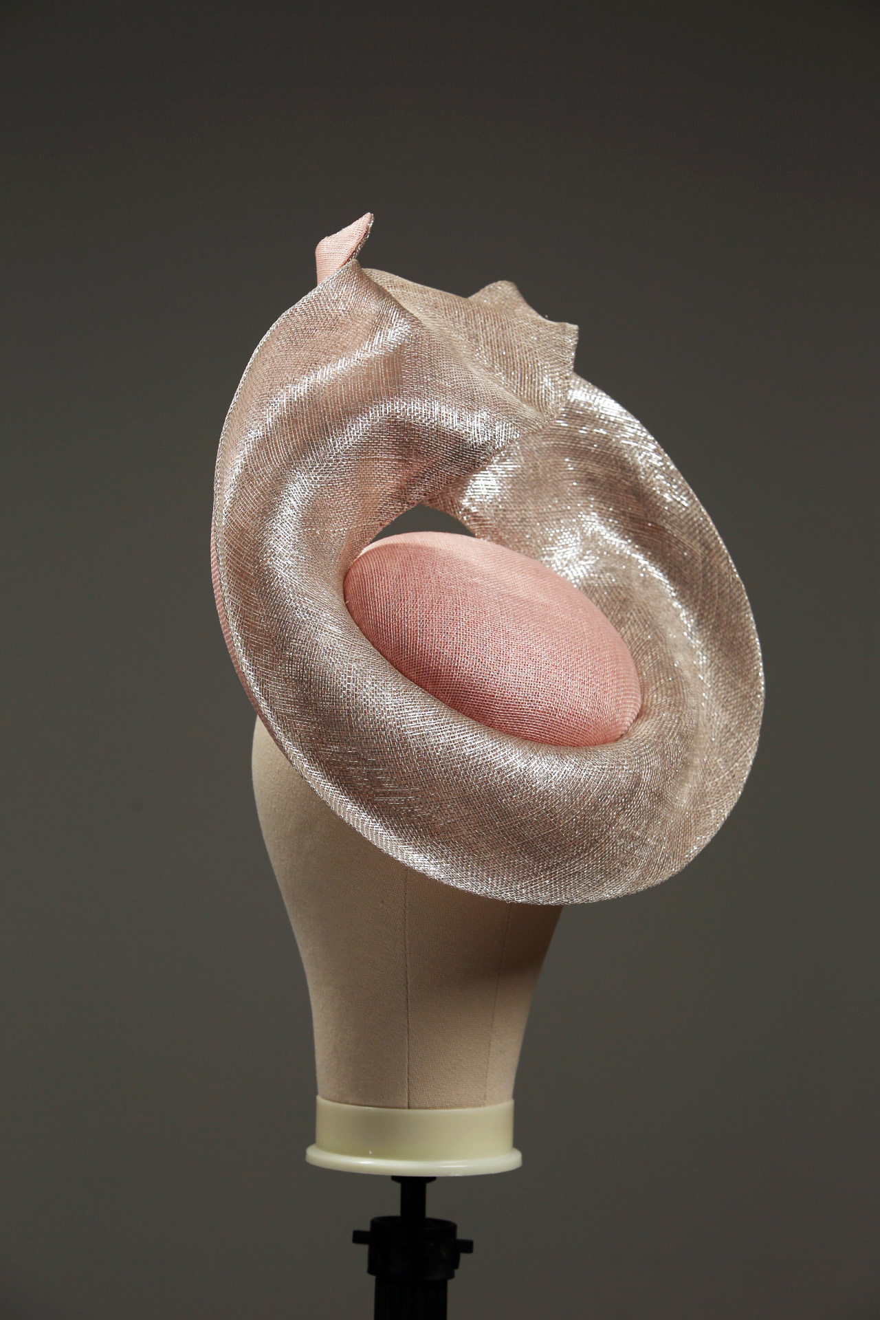 pale pink and silver lurex LM button base fascinator 2 Pale dusky pink button pillbox hat with a silver shimmery lurex saucer