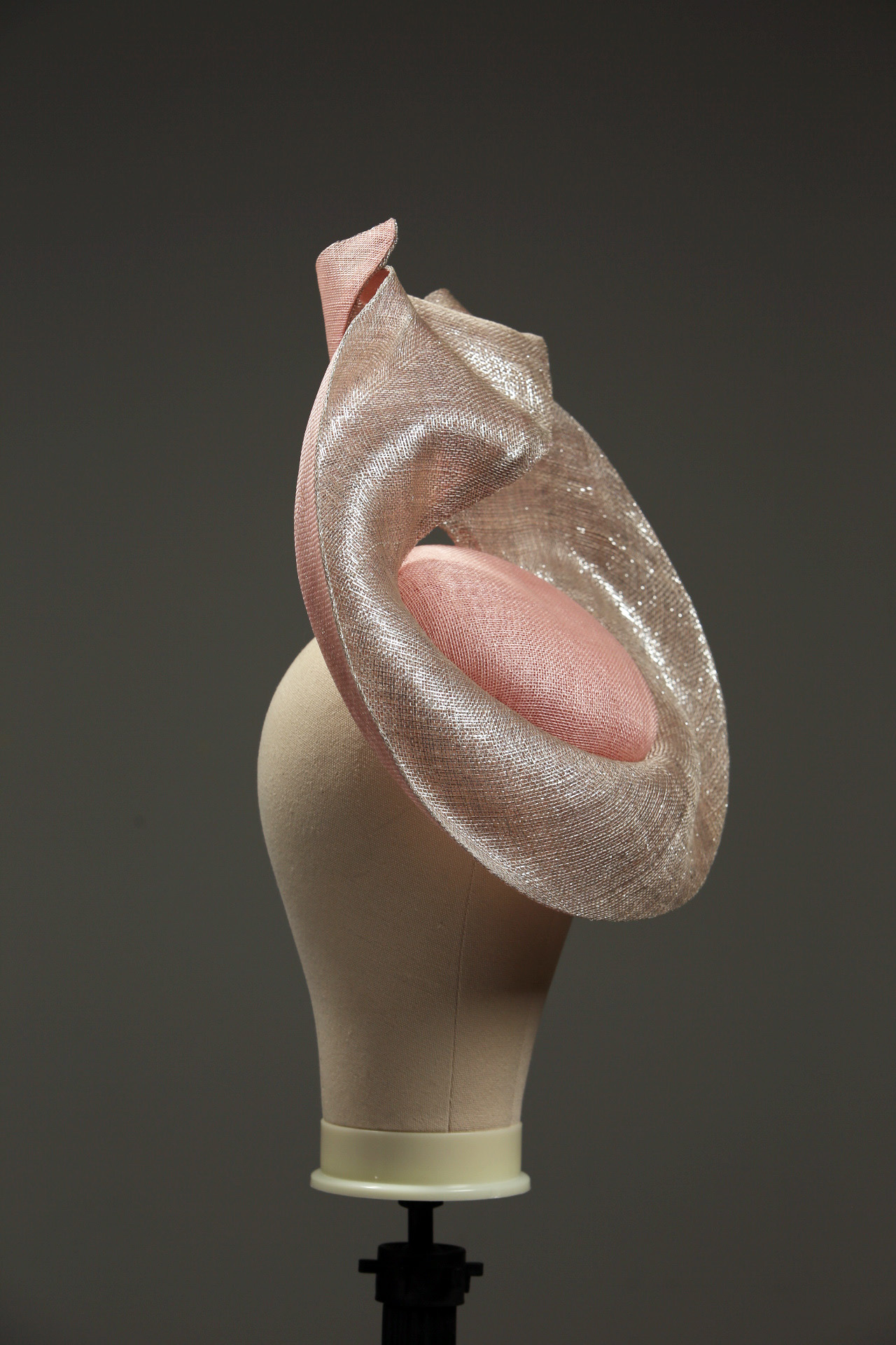 pale pink and silver lurex LM button base fascinator 3 Pale dusky pink button pillbox hat with a silver shimmery lurex saucer