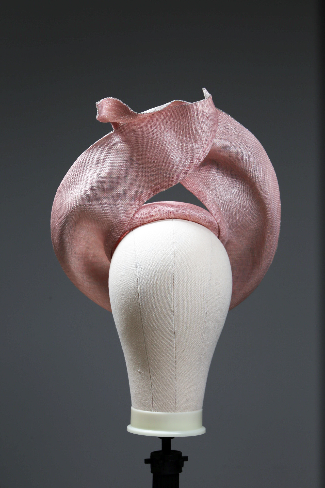 pale pink and silver lurex LM button base fascinator 4 Pale dusky pink button pillbox hat with a silver shimmery lurex saucer