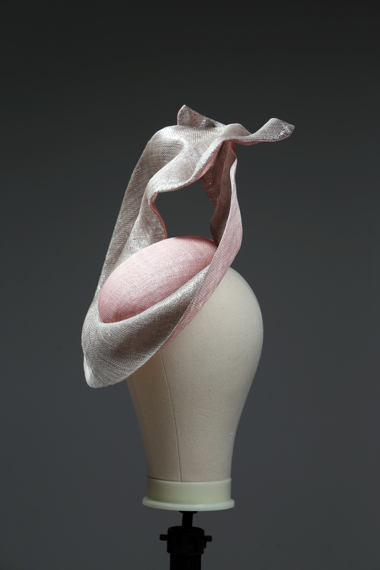 pale pink and silver lurex LM button base fascinator 6 Pale dusky pink button pillbox hat with a silver shimmery lurex saucer