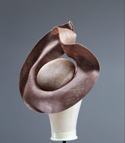 Taupe Nude and Mink Sinimay Saucer set on a button pillbox fascinator hat