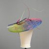 Floating quill hand painted royal, raspberry and lime paint spatter saucer fascinator hat