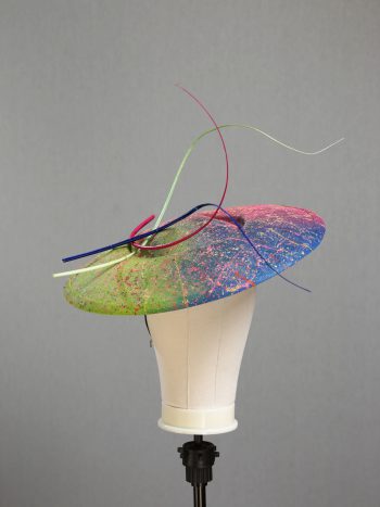 Floating quill hand painted royal, raspberry and lime paint spatter saucer fascinator hat