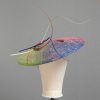 Floating quill hand painted royal, raspberry and lime paint spatter saucer fascinator hat