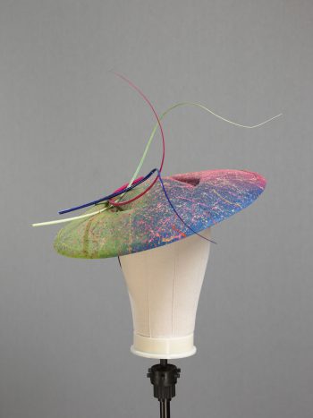 Floating quill hand painted royal, raspberry and lime paint spatter saucer fascinator hat