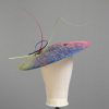 Floating quill hand painted royal, raspberry and lime paint spatter saucer fascinator hat