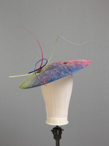 Floating quill hand painted royal, raspberry and lime paint spatter saucer fascinator hat