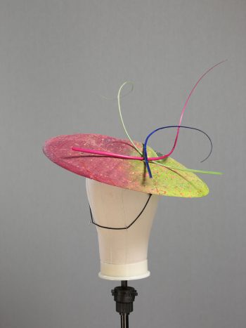 Floating quill hand painted royal, raspberry and lime paint spatter saucer fascinator hat