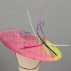 Floating quill hand painted royal, raspberry and lime paint spatter saucer fascinator hat