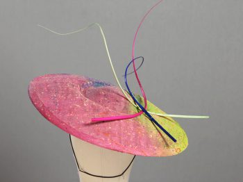 Floating quill hand painted royal, raspberry and lime paint spatter saucer fascinator hat