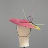 Floating quill hand painted royal, raspberry and lime paint spatter saucer fascinator hat