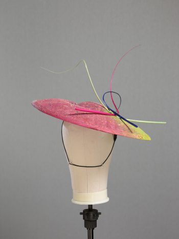 Floating quill hand painted royal, raspberry and lime paint spatter saucer fascinator hat