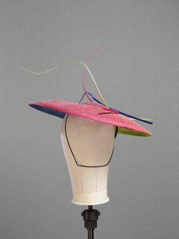 Floating quill hand painted royal, raspberry and lime paint spatter saucer fascinator hat