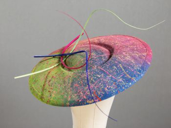 Floating quill hand painted royal, raspberry and lime paint spatter saucer fascinator hat