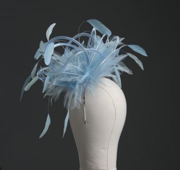 Ladies formal Baby blue medium feather and satin loop fascinator hat. Suitable for a wedding or ladies day at the races