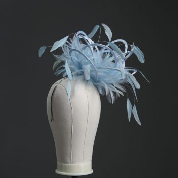 Ladies formal Baby blue medium feather and satin loop fascinator hat. Suitable for a wedding or ladies day at the races