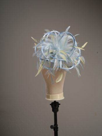 Ladies formal Baby blue and yellow medium feather and satin loop fascinator hat. Suitable for a wedding or ladies day at the races