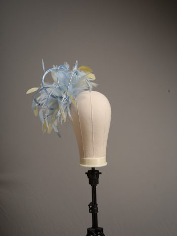 Ladies formal Baby blue and yellow medium feather and satin loop fascinator hat. Suitable for a wedding or ladies day at the races