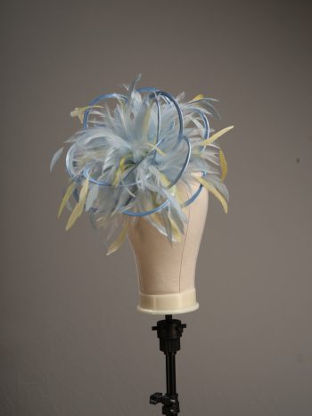 Ladies formal Baby blue and yellow medium feather and satin loop fascinator hat. Suitable for a wedding or ladies day at the races