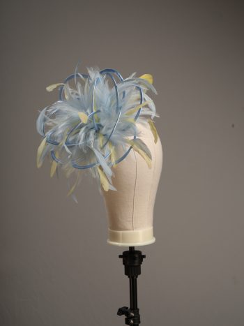 Ladies formal Baby blue and yellow medium feather and satin loop fascinator hat. Suitable for a wedding or ladies day at the races