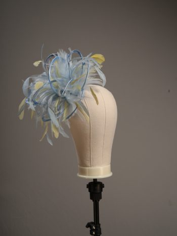 Ladies formal Baby blue and yellow medium feather and satin loop fascinator hat. Suitable for a wedding or ladies day at the races