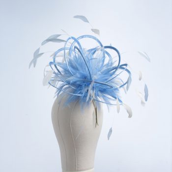 Ladies formal cornflower blue and ivory medium feather and satin loop fascinator hat. Suitable for a wedding or ladies day at the races