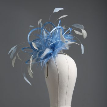 Ladies formal cornflower blue and ivory medium feather and satin loop fascinator hat. Suitable for a wedding or ladies day at the races