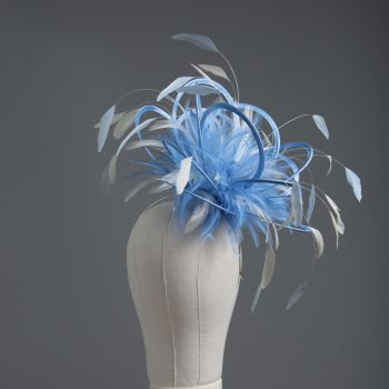 Ladies formal cornflower blue and ivory medium feather and satin loop fascinator hat. Suitable for a wedding or ladies day at the races