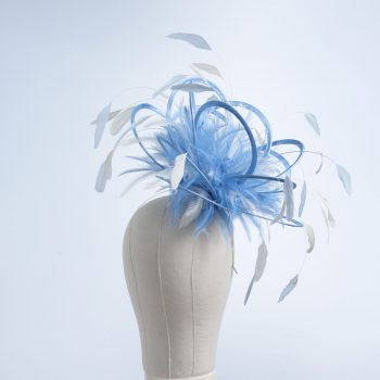 Ladies formal cornflower blue and ivory medium feather and satin loop fascinator hat. Suitable for a wedding or ladies day at the races