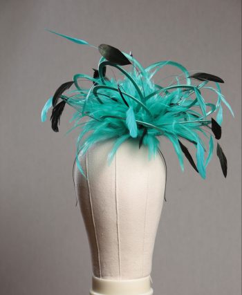 Ladies formal jade green and black medium feather and satin loop fascinator hat. Suitable for a wedding or ladies day at the races