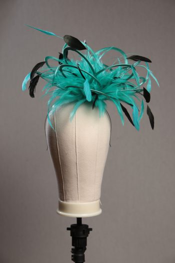 Ladies formal jade green and black medium feather and satin loop fascinator hat. Suitable for a wedding or ladies day at the races