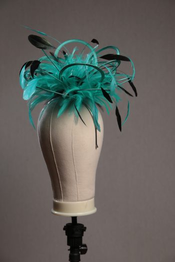 Ladies formal jade green and black medium feather and satin loop fascinator hat. Suitable for a wedding or ladies day at the races