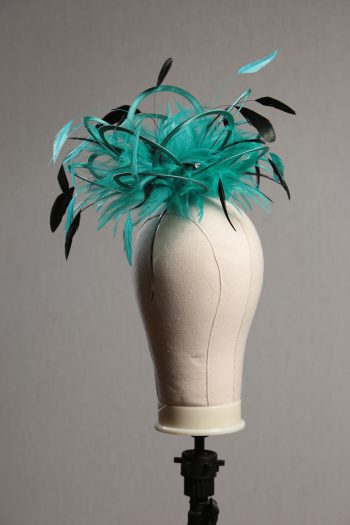 Ladies formal jade green and black medium feather and satin loop fascinator hat. Suitable for a wedding or ladies day at the races