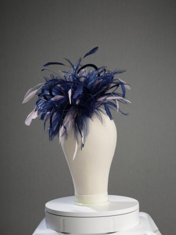 Ladies formal Navy Blue and Baby Pink medium feather and satin loop fascinator hat. Suitable for a wedding or ladies day at the races