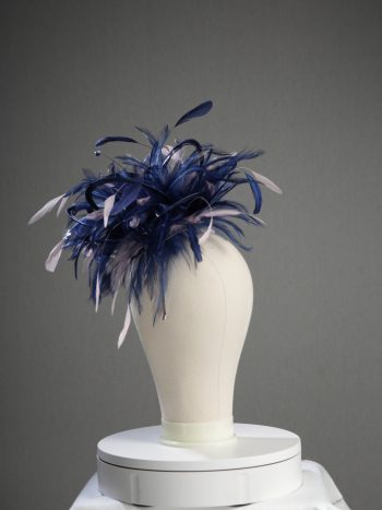 Ladies formal Navy Blue and Baby Pink medium feather and satin loop fascinator hat. Suitable for a wedding or ladies day at the races