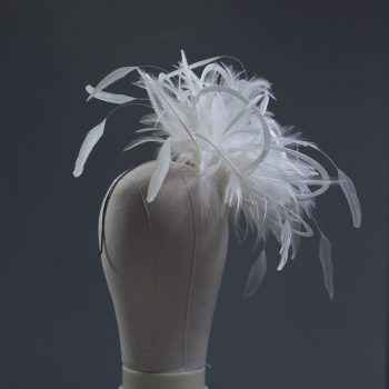 Ladies formal Ivory medium feather and satin loop fascinator hat. Suitable for a wedding or ladies day at the races