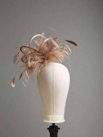 Ladies' formal Taupe Nude and Gold medium feather and satin loop fascinator hat. Suitable for a wedding or ladies' day at the races