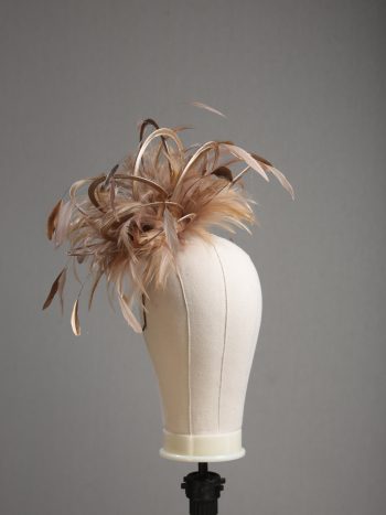 Ladies' formal Taupe Nude and Gold medium feather and satin loop fascinator hat. Suitable for a wedding or ladies' day at the races