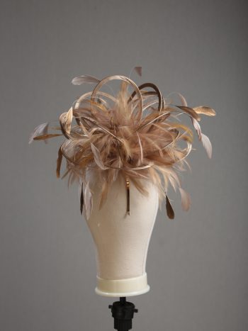 Ladies' formal Taupe Nude and Gold medium feather and satin loop fascinator hat. Suitable for a wedding or ladies' day at the races