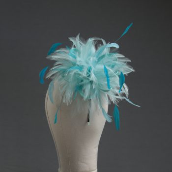 Ladies wedding or races aqua and turquoise small feather and satin loop fascinator hat