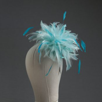 Ladies wedding or races aqua and turquoise small feather and satin loop fascinator hat