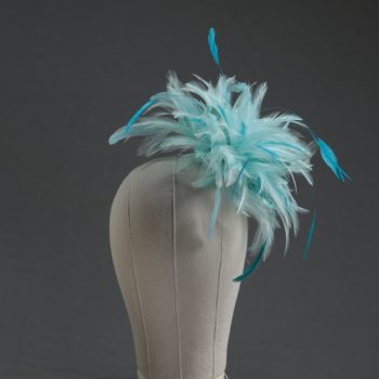 Ladies wedding or races aqua and turquoise small feather and satin loop fascinator hat