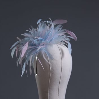 Ladies wedding or races baby blue and baby pink small feather and satin loop fascinator hat