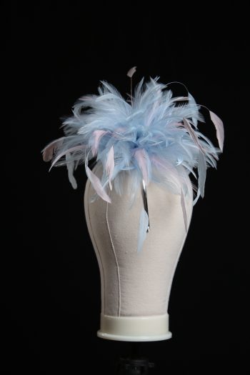 Ladies wedding or races baby blue and baby pink small feather and satin loop fascinator hat