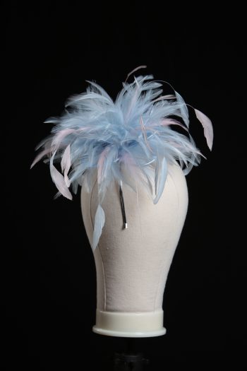 Ladies wedding or races baby blue and baby pink small feather and satin loop fascinator hat